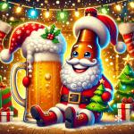 DALL·E 2024-12-22 16.22.45 - A humorous and festive Christmas caricature featuring a cheerful beer bottle and beer mug, dressed as Santa Claus with red hats and white fluffy trim,.webp